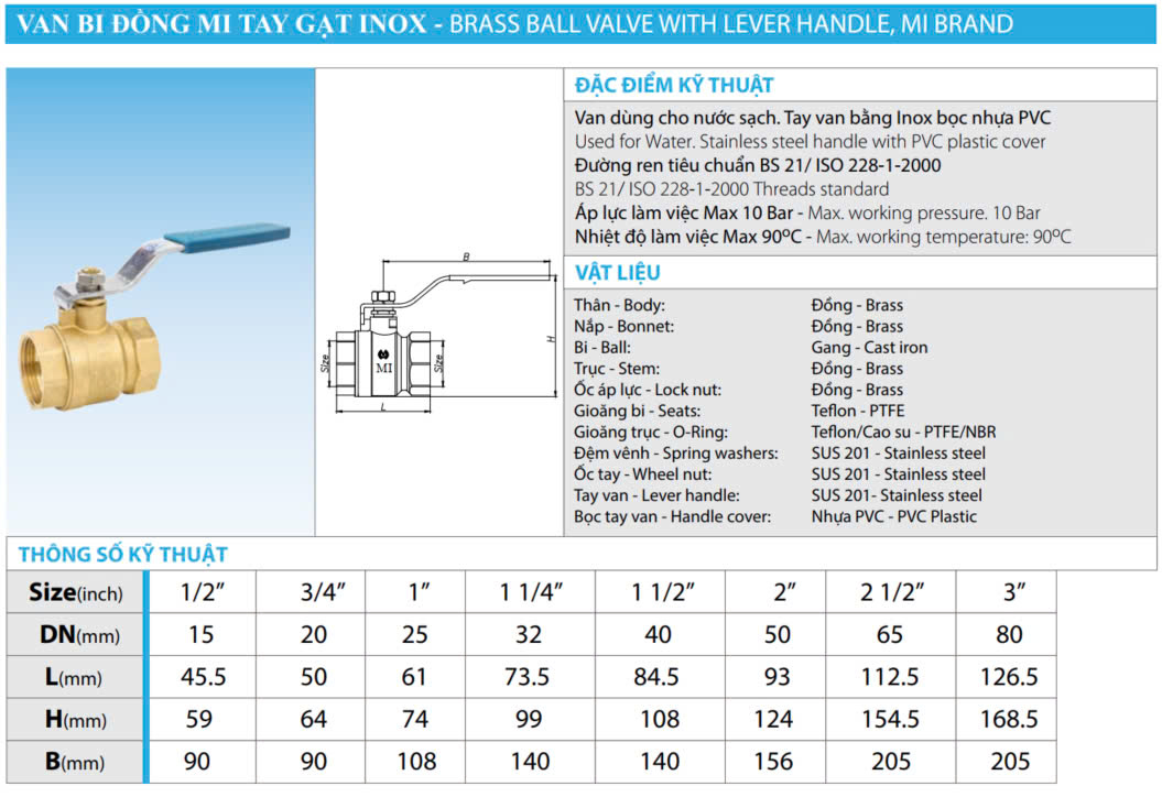 Van Bi Đồng MI Tay Gạt Inox - Brass Ball Valve With Lever Handle
