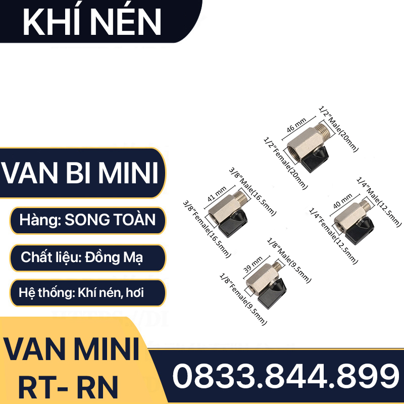 Van Hơi Mini Ren Trong Ren Ngoài, Van Khí Nén Áp Lực Cao Ren Trong Ren Ngoài 9.6 13 17 21 - Đồng Mạ