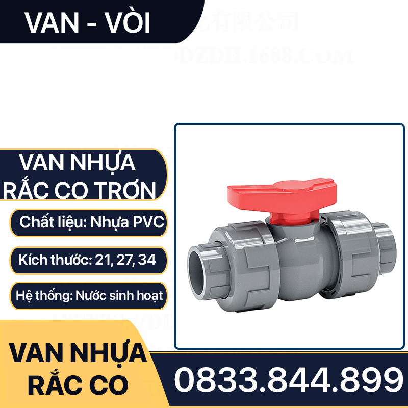 Van 2 Đầu Rắc Co, Khóa Bi Tay Gạt Kết Nối Bằng Rắc Co - Trơn Dán Ống Nhựa PVC