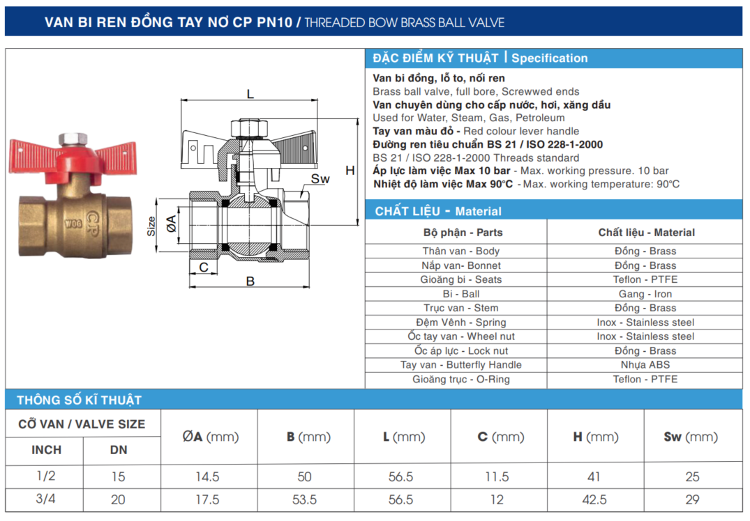 Van Bi Ren Đồng Tay Nơ (Bướm) CP PN10 / Threaded Bow Brass Ball Valve