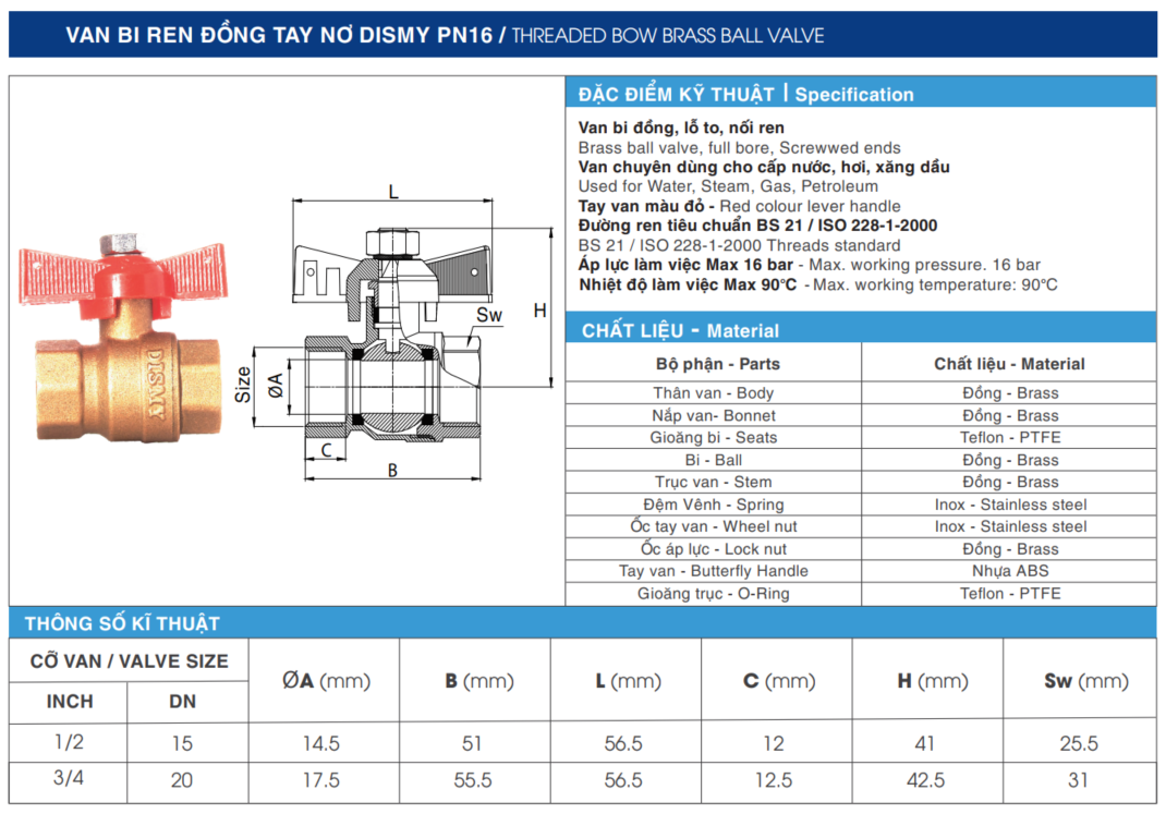 Van Bi Ren Đồng Tay Nơ (Bướm) Dismy PN16 / Threaded Bow Brass Ball Valve