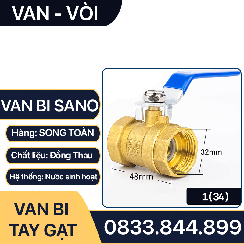 Van Bi Đồng Tay Gạt, Van Bi Đồng SANO Tay Gạt Inox 90 độ