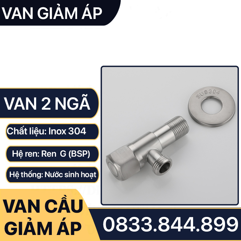 Van Chia Nước 2 Ngã Bồn Cầu Inox 304, Van Giảm Áp Inox Ren 21 Lắp Đặt Chia Nước Bồn Cầu, Vòi Xịt