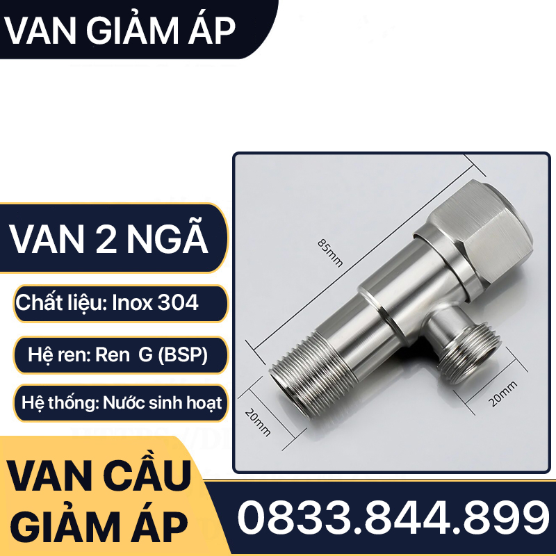 Van Chia Nước 2 Ngã Bồn Cầu Inox 304, Van Giảm Áp Inox Ren 21 Lắp Đặt Chia Nước Bồn Cầu, Vòi Xịt