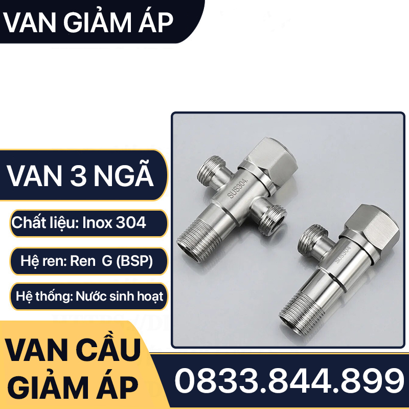 Van T Chia 3 Dòng Nước Bồn Cầu Inox 304, Van Giảm Áp Inox Ren 21 Lắp Đặt Chia Nước Bồn Cầu, Vòi Xịt