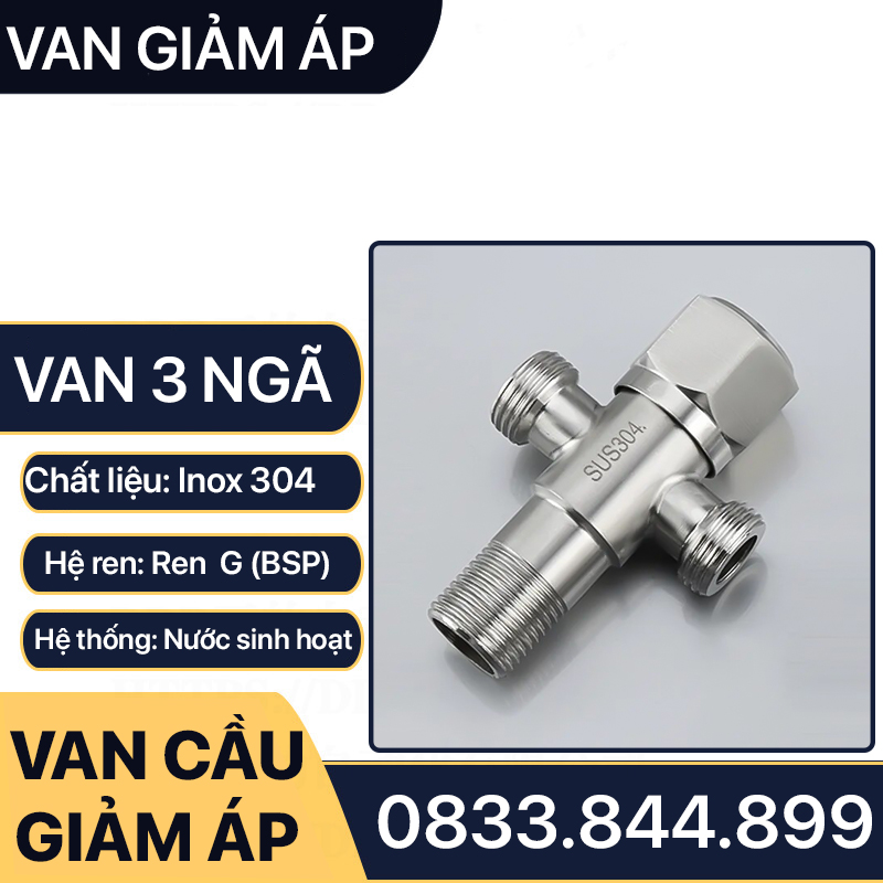 Van Chia Nước 3 Ngã Bồn Cầu Inox 304, Van Giảm Áp Inox Ren 21 Lắp Đặt Chia Nước Bồn Cầu, Vòi Xịt