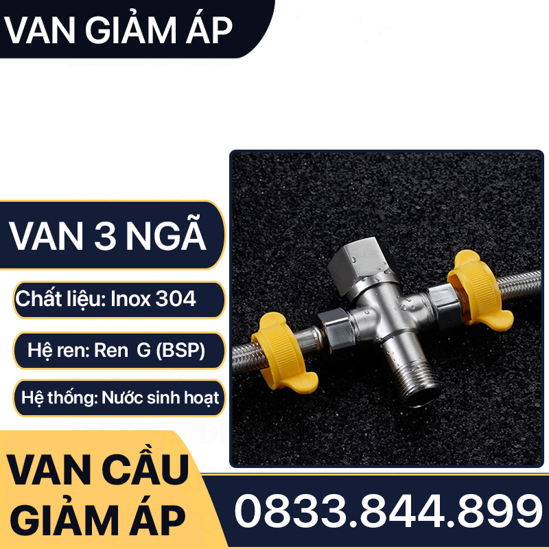 Van T Chia 3 Dòng Nước Bồn Cầu Inox 304, Van Giảm Áp Inox Ren 21 Lắp Đặt Chia Nước Bồn Cầu, Vòi Xịt