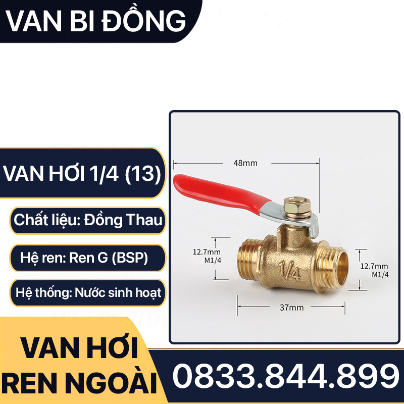 Van Khóa Đồng Phi 13, Van Hơi Đồng 1/4 (13) Hai Ren Ngoài - Kèm Đuôi Chuột 8mm