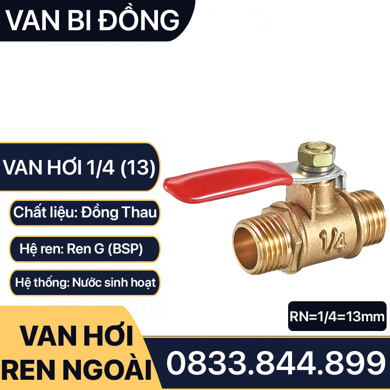 Van Khóa Đồng Phi 13, Van Hơi Đồng 1/4 (13) Hai Ren Ngoài - Kèm Đuôi Chuột 8mm