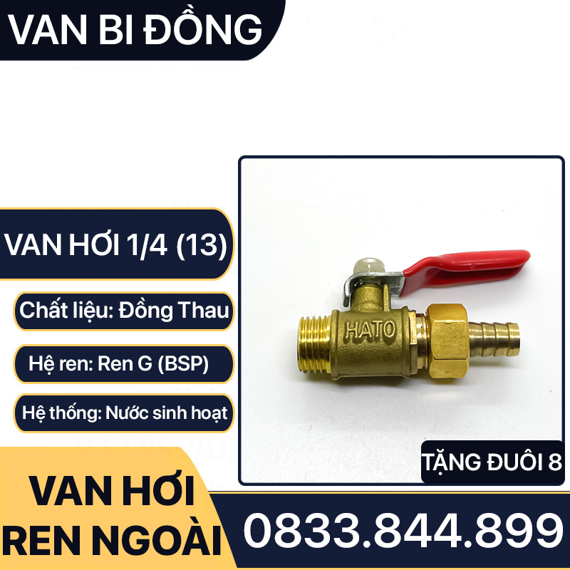 Van Khóa Đồng Phi 13, Van Hơi Đồng 1/4 (13) Hai Ren Ngoài - Kèm Đuôi Chuột 8mm