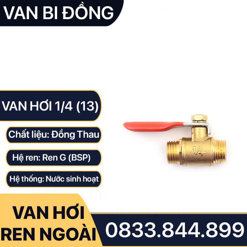 Van Khóa Đồng Phi 13, Van Hơi Đồng 1/4 (13) Hai Ren Ngoài - Kèm Đuôi Chuột 8mm