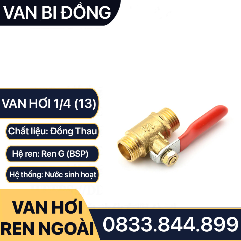 Van Khóa Đồng Phi 13, Van Hơi Đồng 1/4 (13) Hai Ren Ngoài - Kèm Đuôi Chuột 8mm