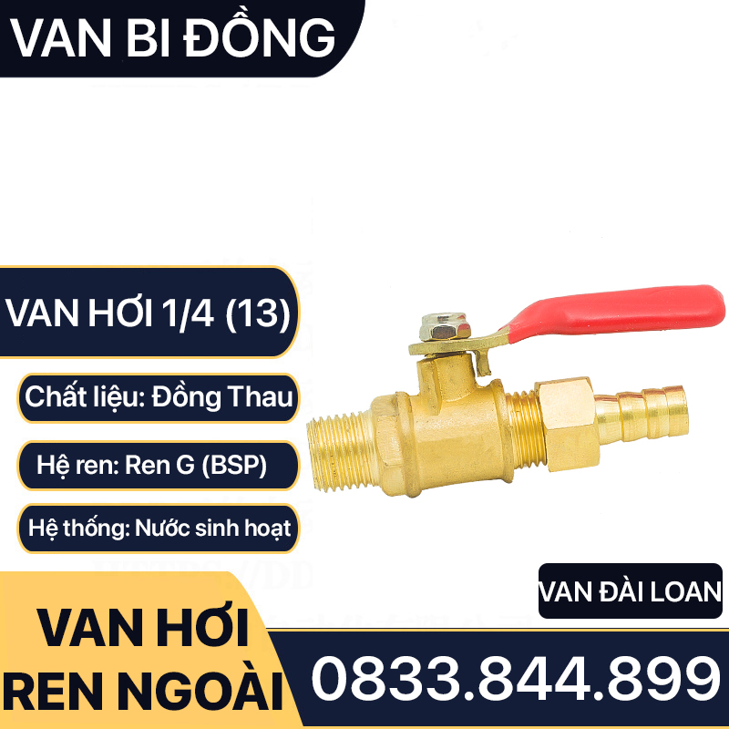 Van Khóa Đồng Phi 13, Van Hơi Đồng 1/4 (13) Hai Ren Ngoài - Kèm Đuôi Chuột 8mm