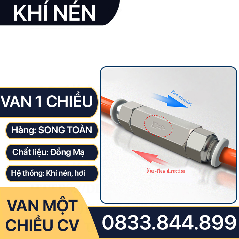 Van Một Chiều Khí Nén, Van Một Chiều Hơi CV Ren Trong 9.6 13 17 21mm - Đồng Mạ