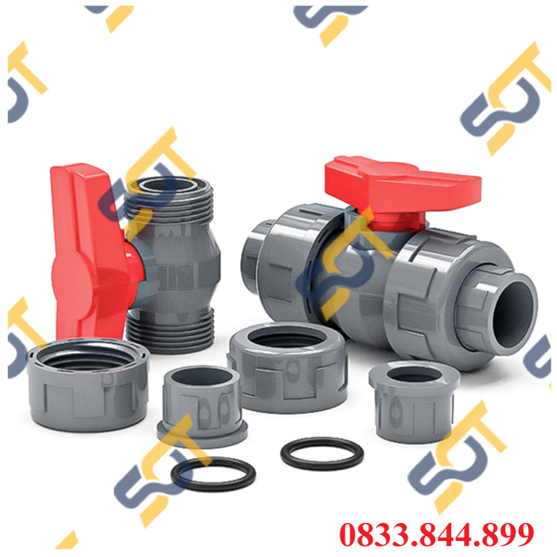 Van 2 Đầu Rắc Co, Khóa Bi Tay Gạt Kết Nối Bằng Rắc Co - Trơn Dán Ống Nhựa PVC