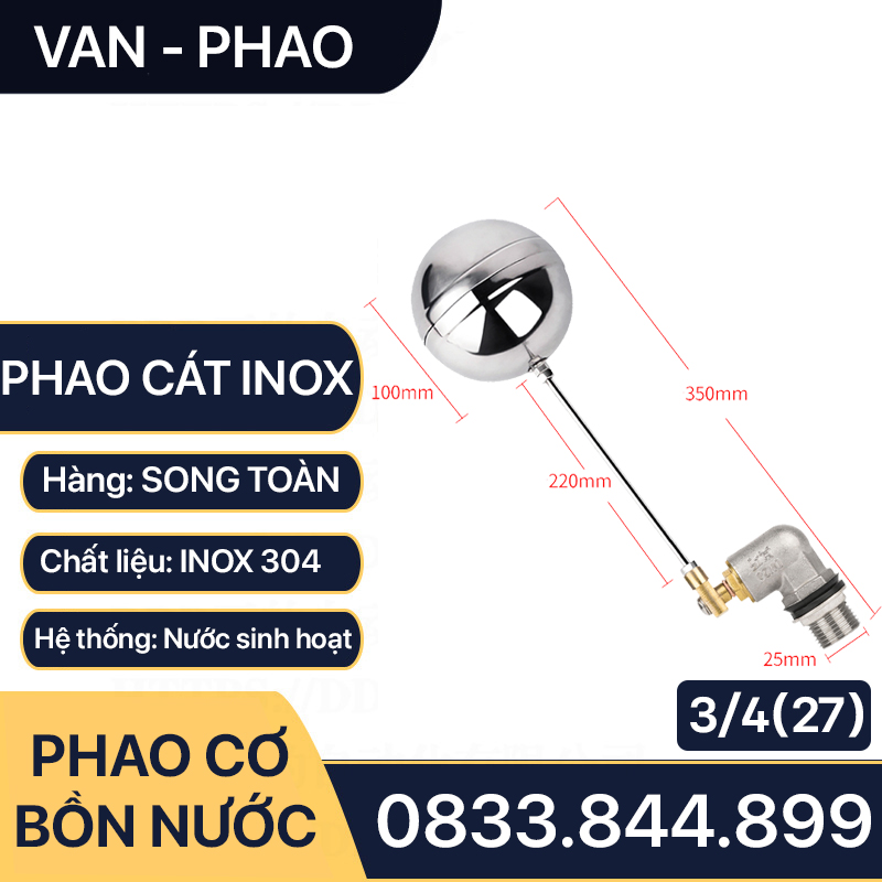 Van Phao Bóng Cát Inox, Phao Cơ Bóng Cát Inox Tự Động Ngắt Nước 21 27 - Inox 304