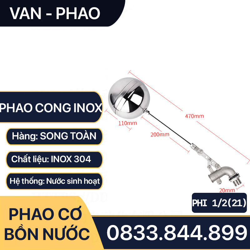 Van Phao Cong Bồn Nước Inox, Phao Cong Inox Tự Động Ngắt Nước 21 27 34 - Inox SUS 304