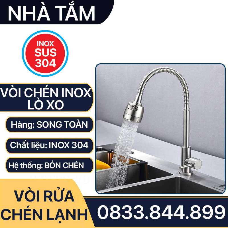 Vòi Rửa Chén Lò Xo Inox 304, Vòi Chén Cổ Lò Xo Tăng Áp Inox 304 Cổ 24mm - Chân ren 21