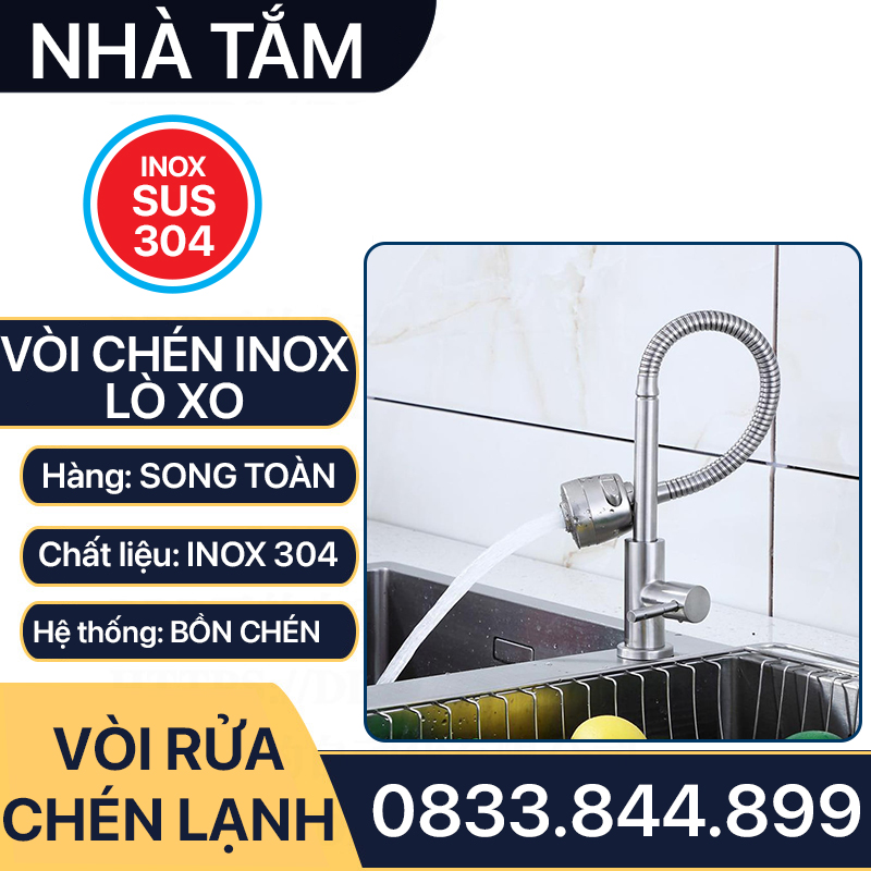 Vòi Rửa Chén Lò Xo Inox 304, Vòi Chén Cổ Lò Xo Tăng Áp Inox 304 Cổ 24mm - Chân ren 21