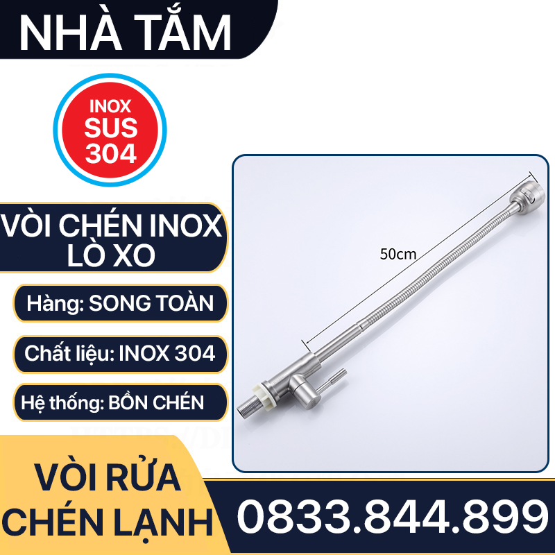 Vòi Rửa Chén Lò Xo Inox 304, Vòi Chén Cổ Lò Xo Tăng Áp Inox 304 Cổ 24mm - Chân ren 21