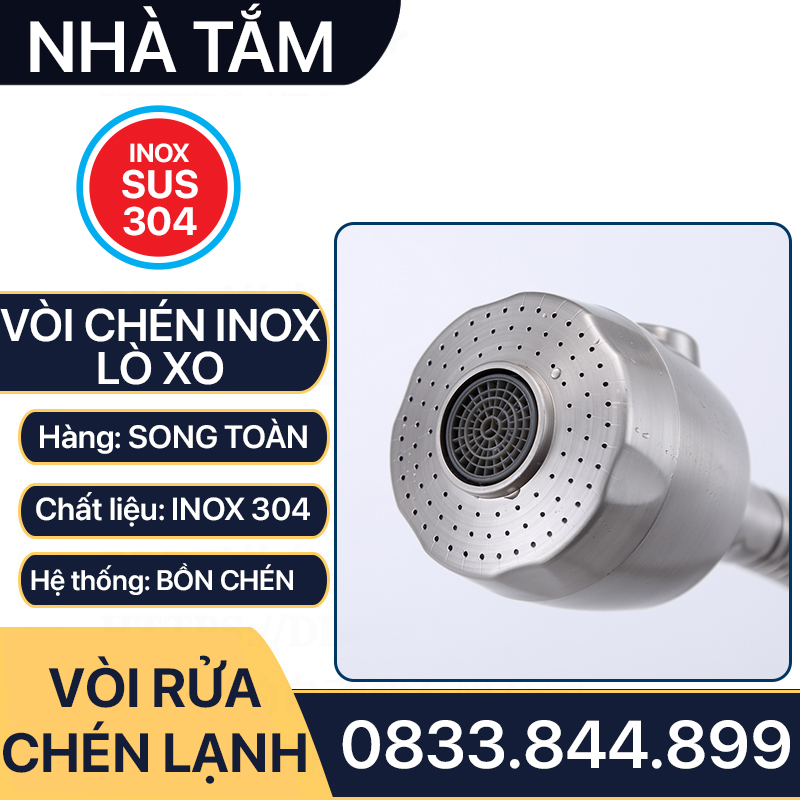 Vòi Rửa Chén Lò Xo Inox 304, Vòi Chén Cổ Lò Xo Tăng Áp Inox 304 Cổ 24mm - Chân ren 21