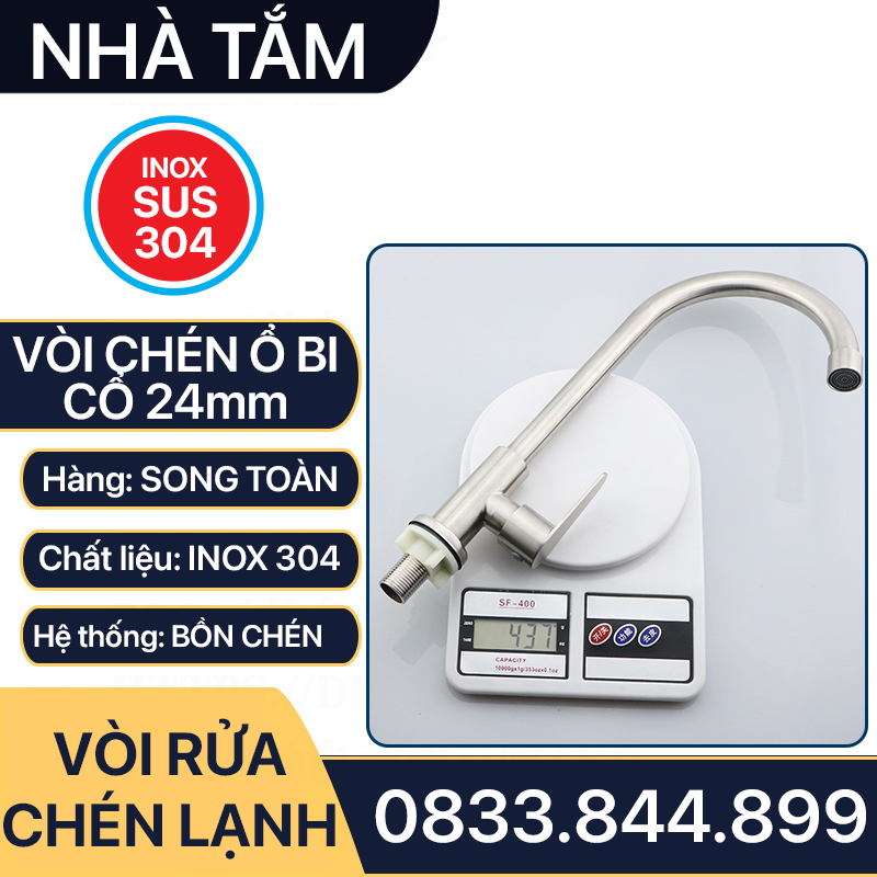 Vòi Rửa Chén Cổ Bi Inox, Vòi Chén Xoay Ổ Bi Inox 304 Cổ 24mm - Chân ren 21