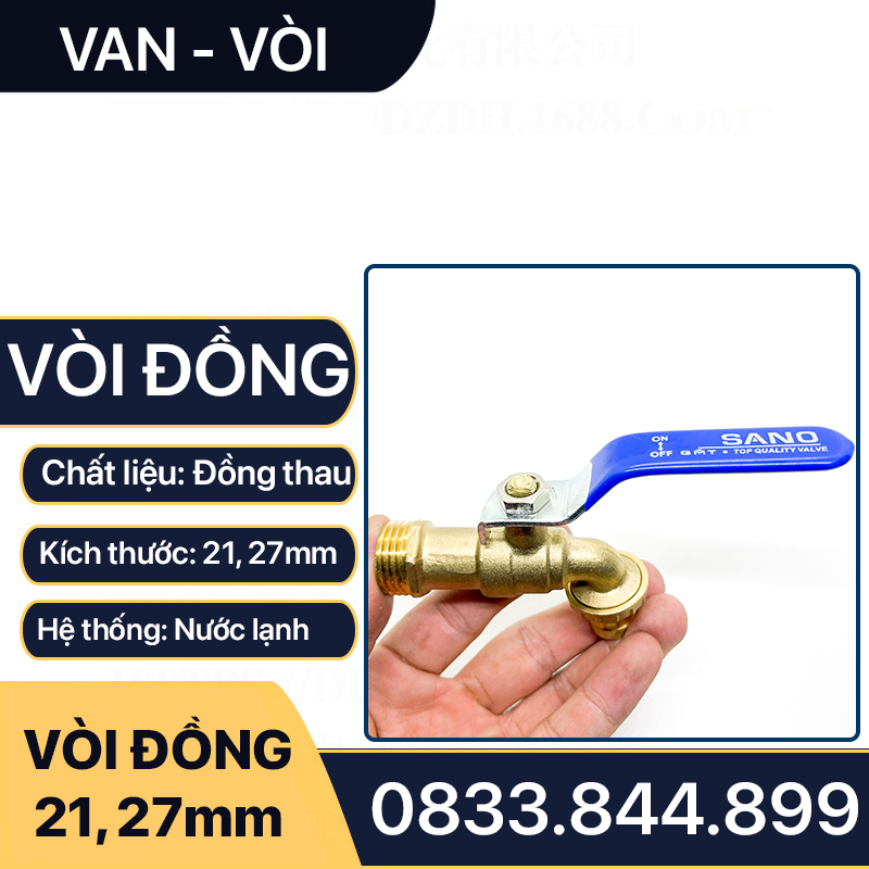 Vòi Đồng Sano, Vòi Xả Nước Đồng Thau Tay Gạt Ren Ngoài 21, 27