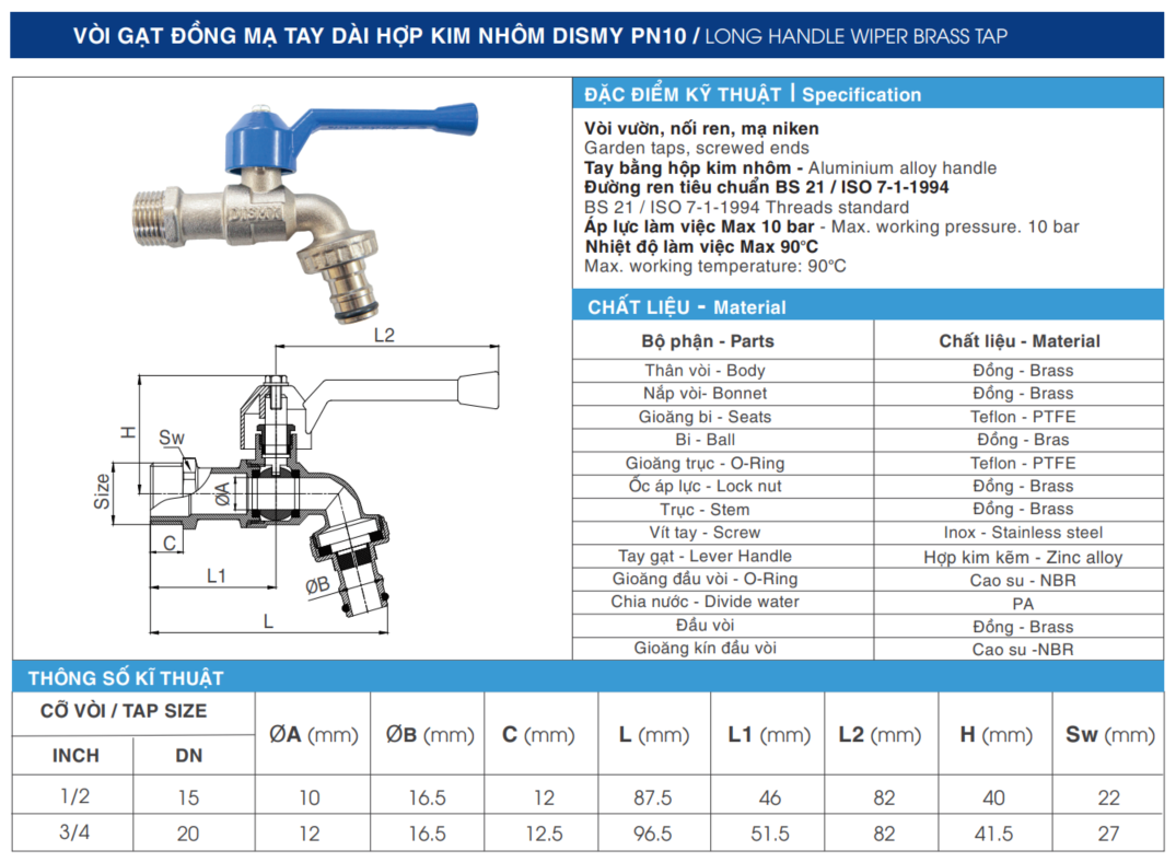 Vòi Gạt Tay Dài Hợp Kim Nhôm Dismy PN10 Đồng Mạ / Long Handle Wiper B