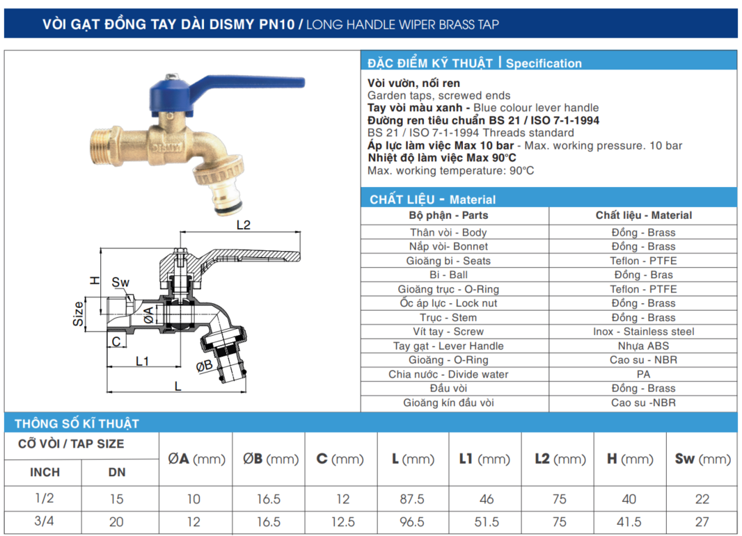 Vòi Gạt Đồng Tay Dài Dismy PN10 / Long Handle Wiper Brass Tap