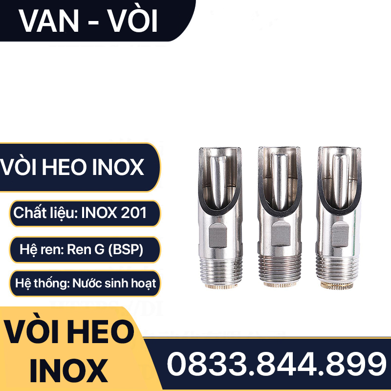 Vòi Heo Inox, Vòi Uống Nước Cho Heo Inox Bóng 201 - Ren 21 27