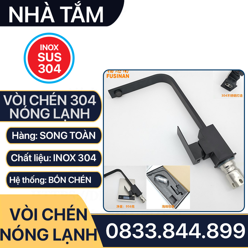 Vòi Chén Nóng Lạnh Thân Vuông Đen Inox 304 - Kèm 2 Dây Cấp Nước Nóng Lạnh 304