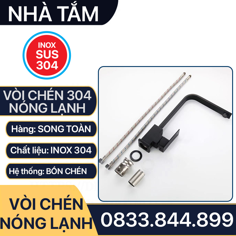 Vòi Chén Nóng Lạnh Thân Vuông Đen Inox 304 - Kèm 2 Dây Cấp Nước Nóng Lạnh 304