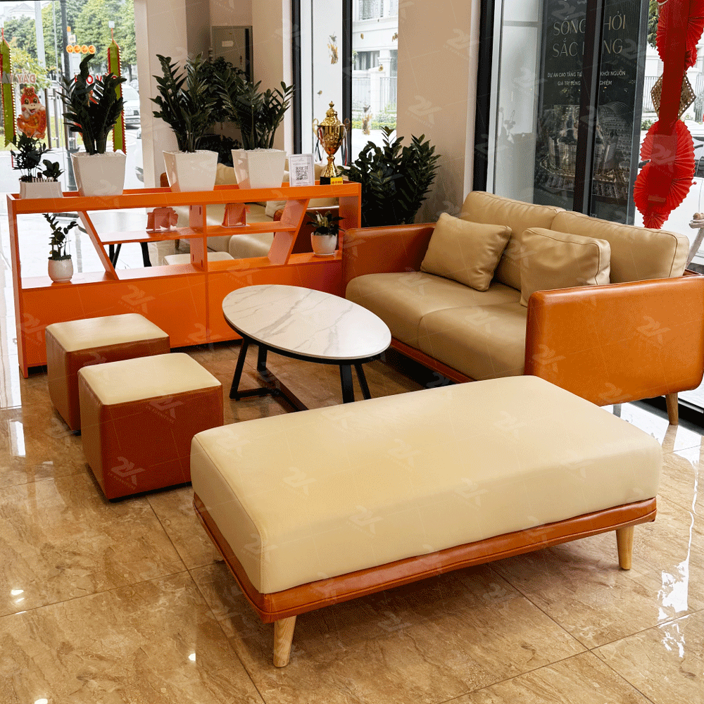Sofa Da Cleo SF036 – Bộ sofa màu kem cam + ghế đôn + 2 đôn nhỏ + bàn trà | Nội Thất giá tốt 2K