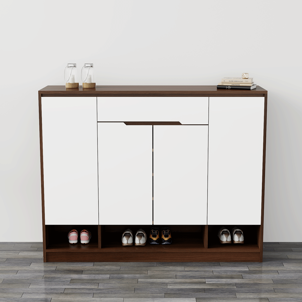 Tủ giày 4 cánh 1 ngăn kéo TGS015 - Gỗ mfc phủ melamin màu nâu vân gỗ cánh trắng | Nội Thất giá tốt 2K