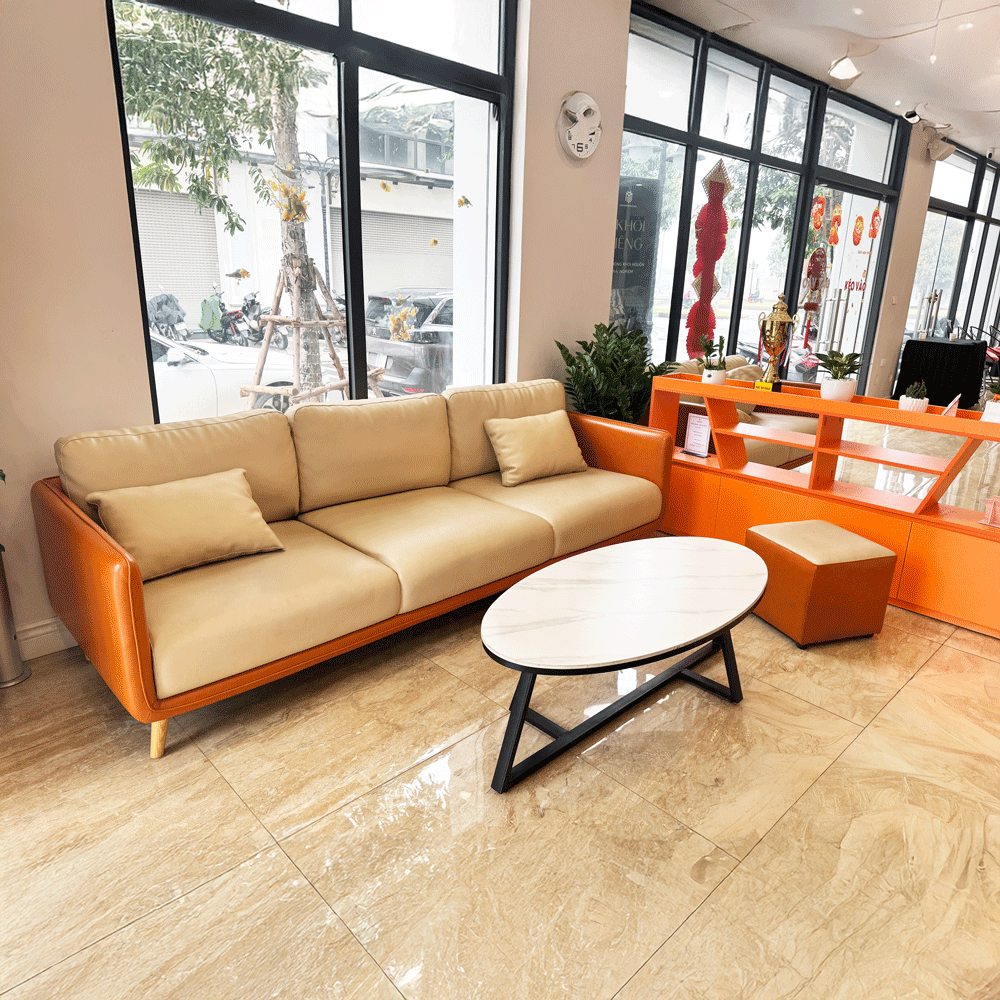 Sofa Da Cleo SF035 – Bộ sofa màu kem cam vàng + 2 đôn nhỏ + 1 bàn trà | Nội Thất giá tốt 2K