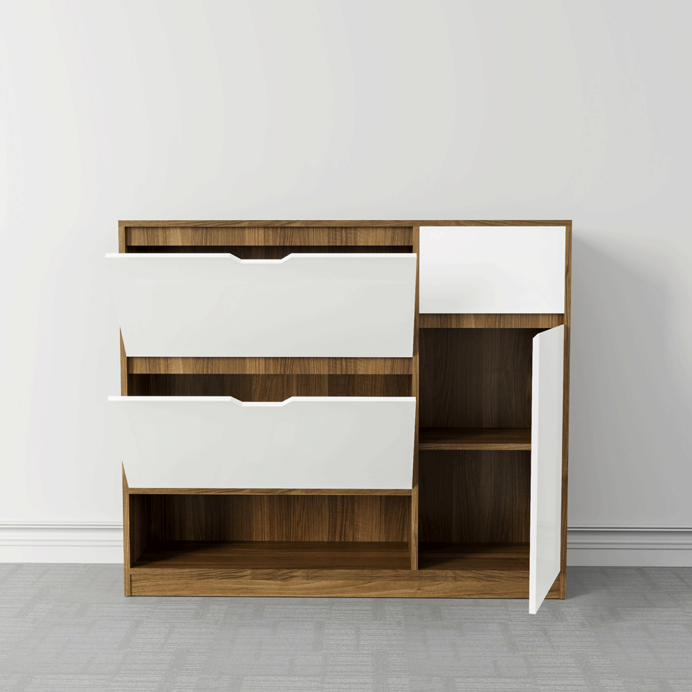 Tủ giày TGS014  - 2 Lật 1 cánh 1 ngăn kéo màu gỗ nâu cánh trắng | Nội Thất giá tốt 2K