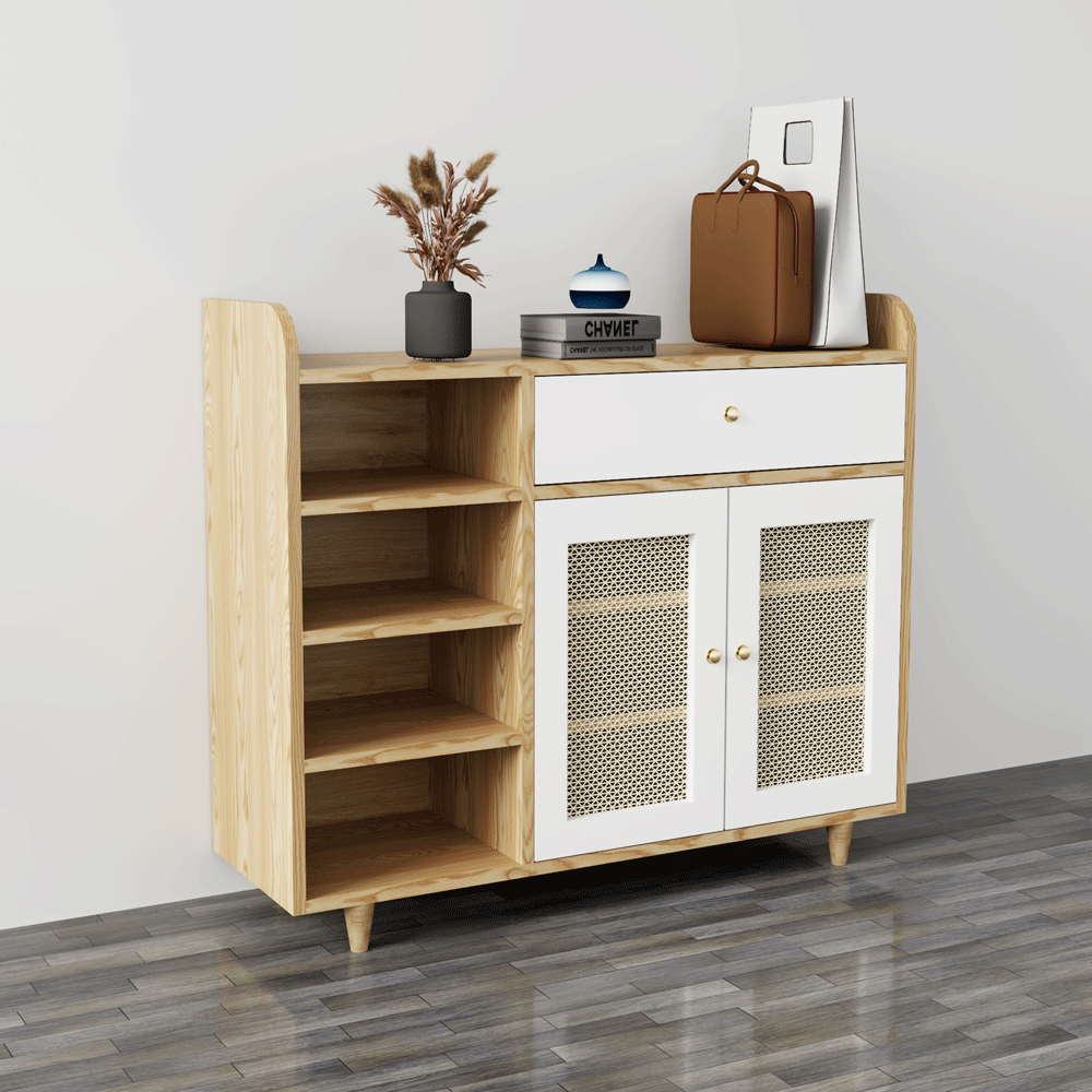 Tủ giày cánh mây TGCM001 - 2 Cánh mây màu vàng cánh trắng vân gỗ ( màu sồi mới ) | Nội Thất giá tốt 2K