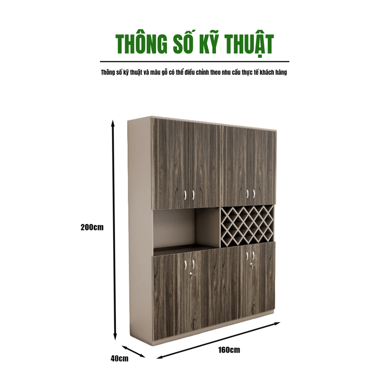 Tủ Pantry 007 160cm Cao 200cm – Tủ 8 Cánh Với Ngăn Rượu Vang