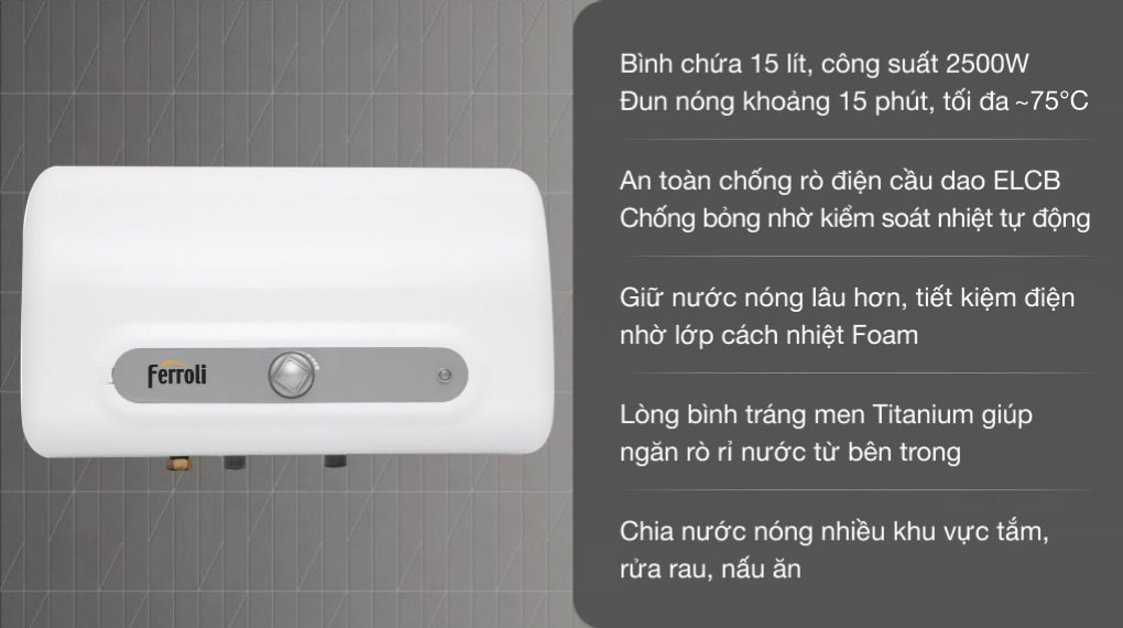 Máy nước nóng gián tiếp Ferroli 15 lít 2500W QQ Evo ME
