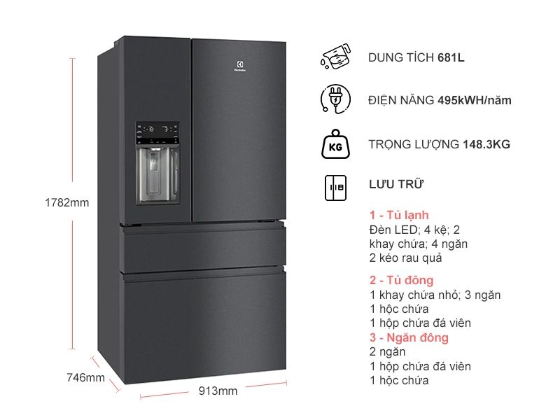 Tủ lạnh 4 cánh Electrolux EHE6879A-B Inverter - 617L