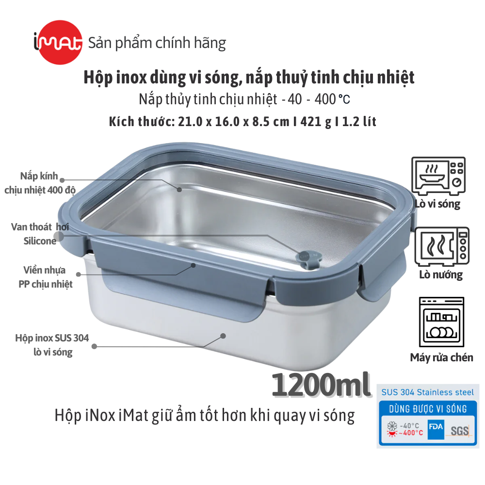 Hộp Inox Dùng Vi Sóng iMat, Nắp Thuỷ Tinh Chịu Nhiệt