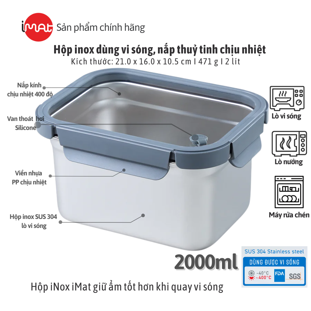 Hộp Inox Dùng Vi Sóng iMat, Nắp Thuỷ Tinh Chịu Nhiệt
