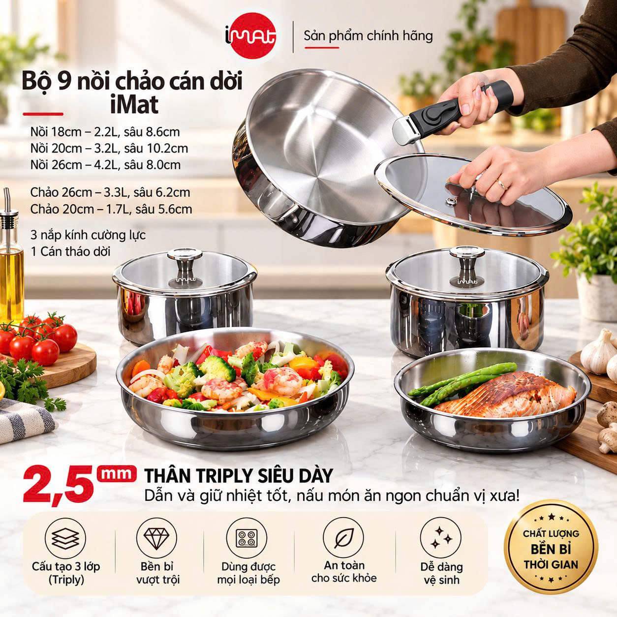 Bộ Nồi Chảo inox Cán Rời 9 Món Hiệu Imat