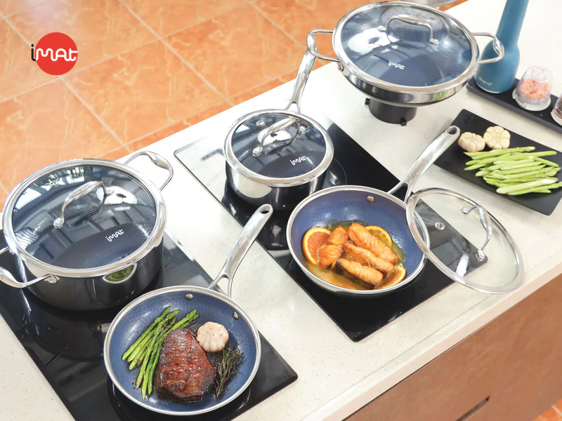 Bộ 5 nồi chảo iMat Hybrid Blackcube, phủ chống dính gốm Ceramic lòng xanh
