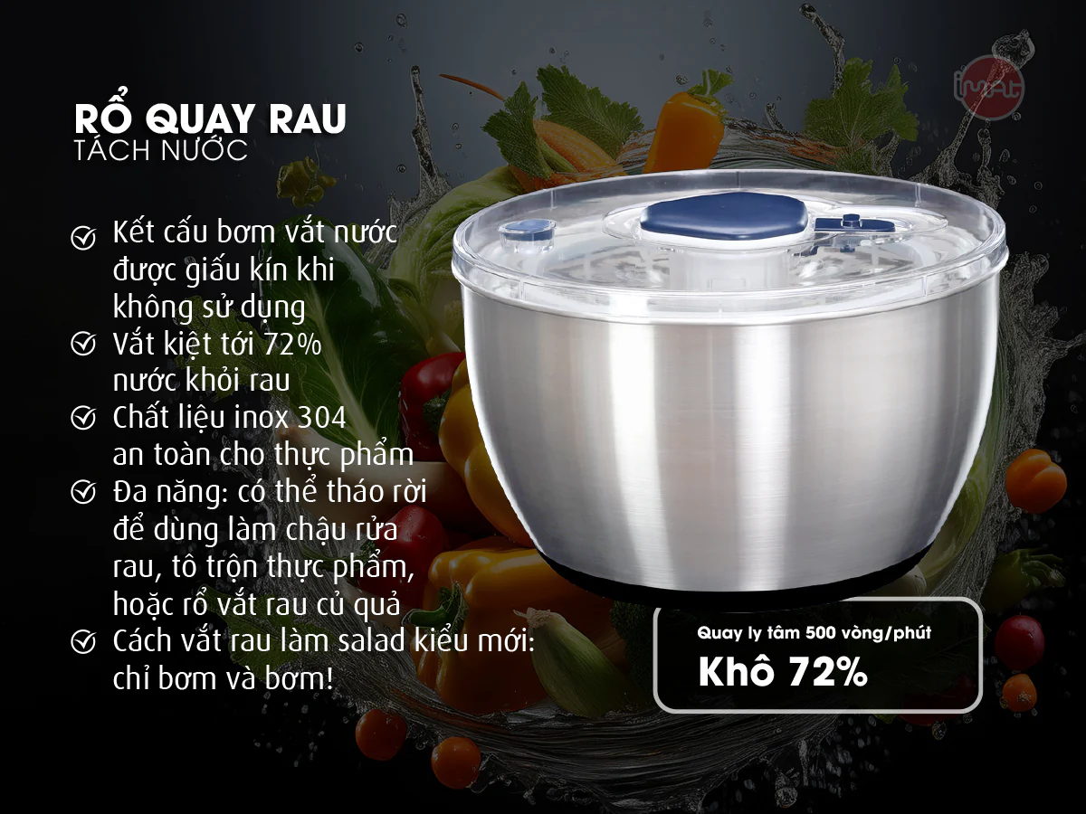 Rổ Quay Vắt Rau iMat – Tách Nước Nhanh, Dễ Dùng, Chất Liệu Inox 304, Nhựa PP Cao Cấp