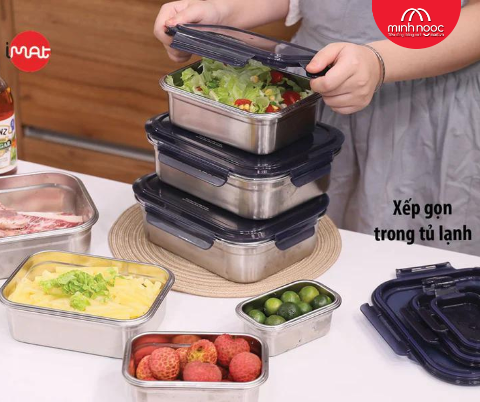 Bộ 4 hộp inox iMat Cao thân bằng inox 304, 20ml, 800ml, 1600ml, 3200ml