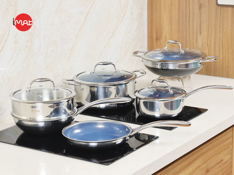 Bộ 5 nồi chảo iMat Hybrid Blackcube, phủ chống dính gốm Ceramic lòng xanh