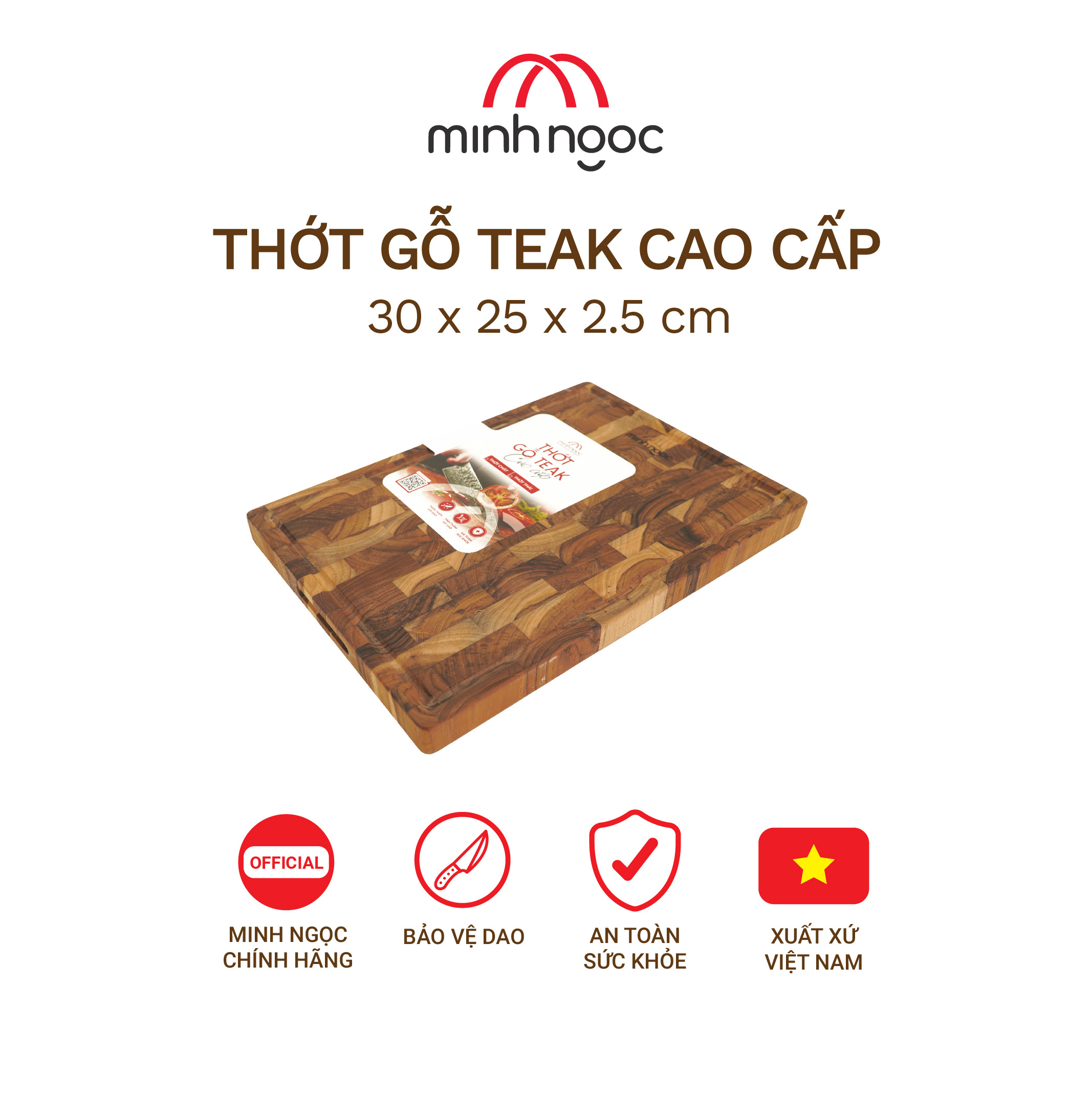 Thớt gỗ Teak cao cấp Minh Ngọc kháng khuẩn tự nhiên, an toàn, bền đẹp, cỡ trung 35x25x2.5cm