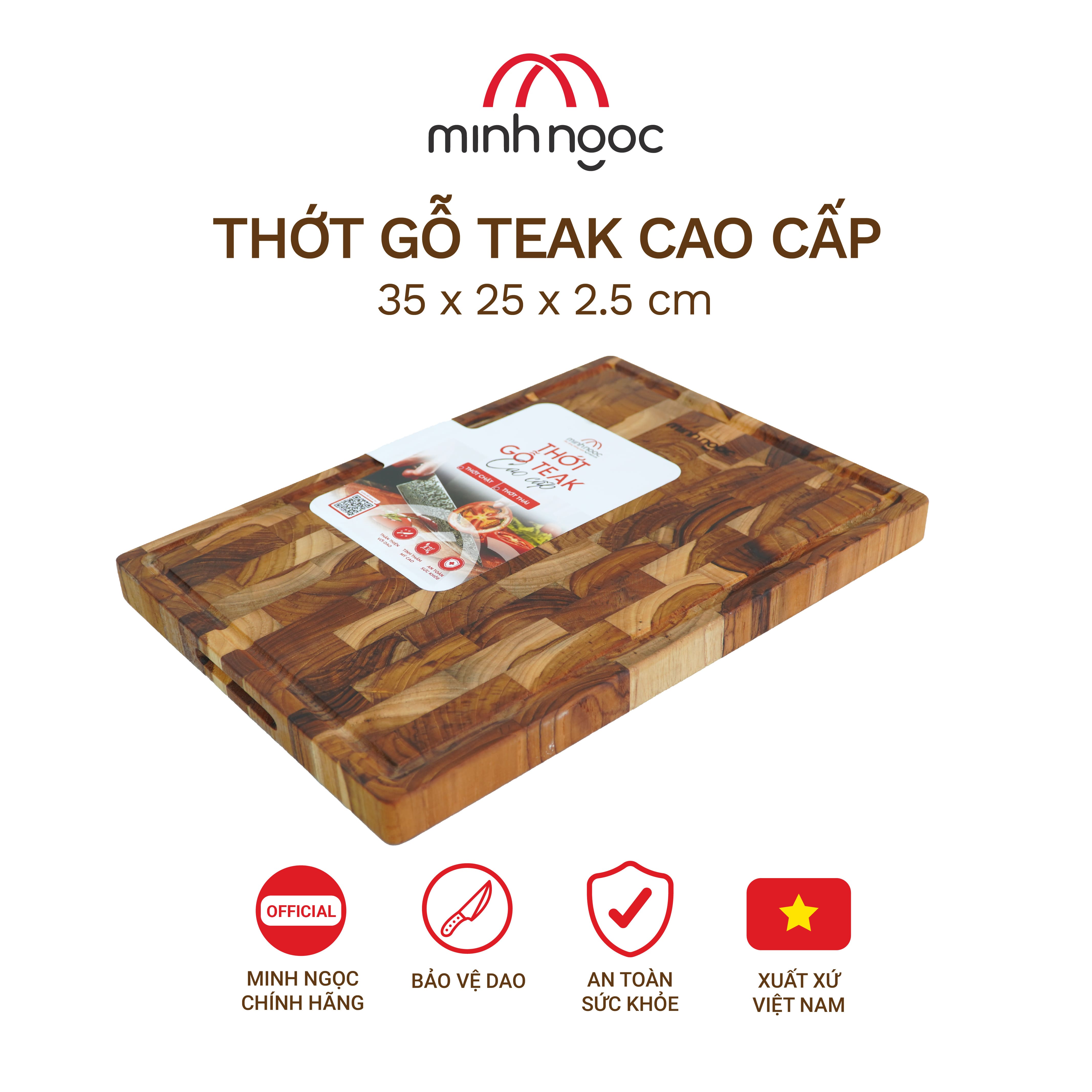 Thớt thái gỗ Teak cao cấp Minh Ngọc kháng khuẩn tự nhiên, an toàn, bền đẹp, cỡ trung 35x25x2.5cm