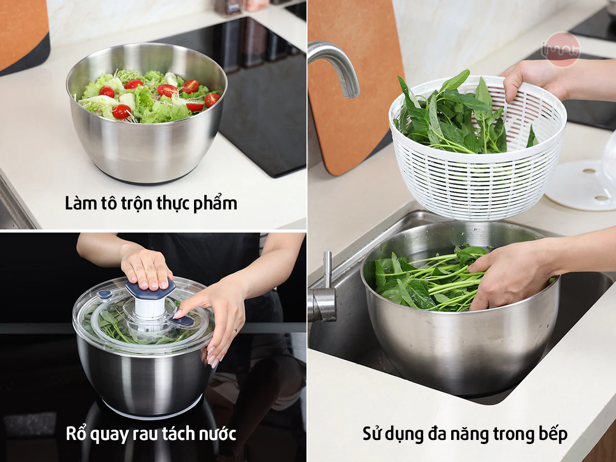 Rổ Quay Vắt Rau iMat – Tách Nước Nhanh, Dễ Dùng, Chất Liệu Inox 304, Nhựa PP Cao Cấp